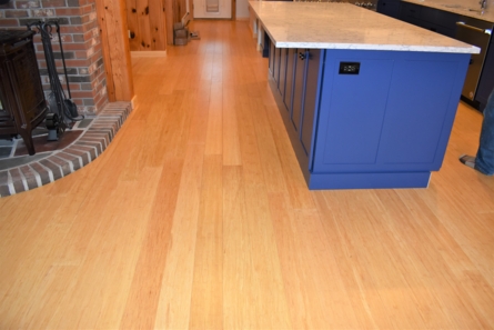 Blue kitchen island and wooden floors